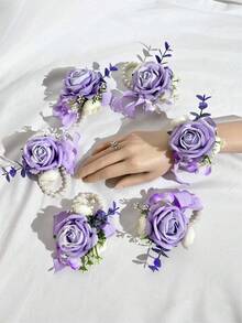 1/6 bông hoa hồng nhân tạo cài cổ tay cô dâu, hoa cài tay cho chị em gái phù dâu, hoa trang trí đám cưới, tiệc tùng, phụ kiện ngày Valentine - Màu tím hoa cà - Xem 5