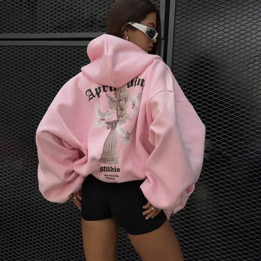 女士超大款连帽卫衣，天使印花，休闲街头风，宽松版型，保暖内衬，拉链闭合，时尚外套