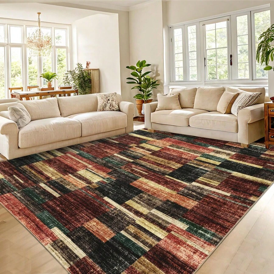 Modern Home Decor Patchwork Living Room Area Rug Stain Resistant Non Slip Hallway Runner Rug Printed Thin Low Pile Mat Throw Rug Washable Bordered Carpet Easy To Clean Soft Non Shedding Floorcover For Dinning Room Kitchen Laundry Bathroom Bedroom - 紅色 - 查看 1