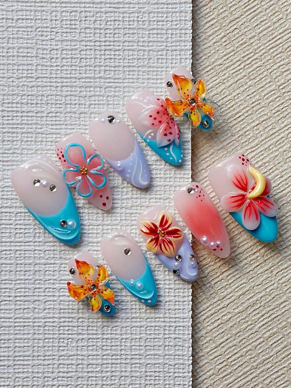 Unghie finte gotiche carine a mandorla di media lunghezza, 10 pezzi - blu, viola, aurora, rosa cipria con fiori 3D e pois di perle - kit di arte di unghie incantato, riutilizzabile con colla per unghie e lima - accessori per Ognissanti e Natale con perle