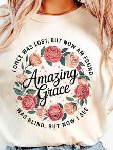 Amazing Grace How Sweet The Sound | Faith, Floral, Christian, Music, Song,100% Cotton Womens Oversized Printed Graphic T-Shirts Casual Round Neck Short Sleeve Tee 1pcs Fashion Shirt - 白色007 - 查看 1