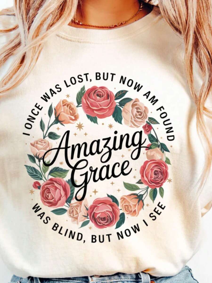 Amazing Grace How Sweet The Sound | Faith, Floral, Christian, Music, Song,100% Cotton Womens Oversized Printed Graphic T-Shirts Casual Round Neck Short Sleeve Tee 1pcs Fashion Shirt - 白色007 - 查看 1
