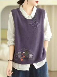 Chaleco Bordado Floral para Mujer, Sin Mangas con Cuello Redondo, Atuendos Casuales e Informales de Otoño-Invierno, Chalecos Versátiles, Tejido Elegante No Transparente - Morado - Ver 3