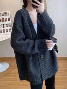 Chaqueta de punto de las mujeres chaqueta de tweed mujer otoño e invierno suelto perezoso viento delgado cardigan jumper versátil suéter de punto tops - Gris - Ver 3