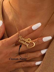 Customized Name Paperclip Pendant Necklace, Personalized Silver/Gold Chain Necklace, Customizable 1-2 Name Engraved Pendant Necklace, Fashionable Stainless Steel Jewelry, Couple Gift, Birthday/Anniversary Gift - Golden Love Heart - View 9
