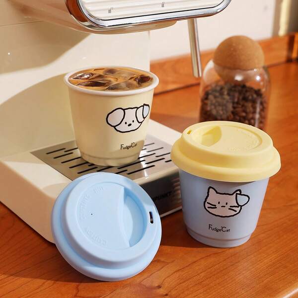 1Pc Ceramic Coffee Cup, Tea Cup, Water Cup, Silicone Dustproof Cover, Hand-Made Coffee Cup, Cute Cartoon Pattern, High Temperature Resistance, Bright Color, Comfortable Grip, Wide Mouth Design, Round Cup Mouth, Anti-Slip Cup Bottom, Suitable For Lace Hand-Punching, Home Office Coffee Cup, Suitable For Self-Use Or Gift Gifts