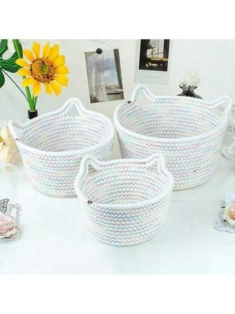 1 件卡通收纳篮，藤编猫耳圆形桌面收纳篮，适用于客厅钥匙收纳