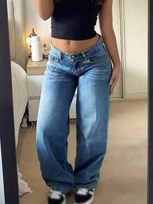 Nowe modne jeansy vintage z szerokimi nogawkami dla kobiet, luźne, proste, do połowy tali, uniwersalne na cały sezon - Ciemny jeans - Zobacz 7