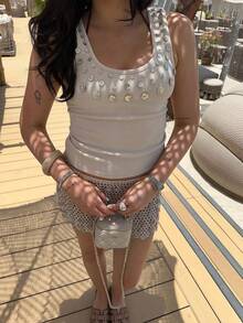 Women's Y2K Sequin Beaded Tank Top U Neck Sleeveless Backless Sparkly Crop Tops Summer Going Out Clubwear - 杏色 - 查看 7