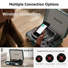 SILWISUN Vinyl Record Player 3 Speed Turntable With Bluetooth, Built In Battery, Portable Suitcase, Built In Speakers,Type-C Port 3.5mm Headphone Jack Aux In/RCA Out Pink For Home Decoration Gift