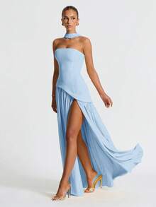 Váy xòe bồng bềnh hở vai gợi cảm thanh lịch, váy dự tiệc - Màu xanh nhạt - Xem 4