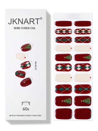 JKNART 20pcs Semi-Cured Nail Stickers, Christmas Themed, Nail Art UV Gel Stickers, Half-Baked Nail Stickers, Semi-Cured 2nd Gen Soft Gel Nail Stickers [Cured By Lamp], Artistic Nail Stickers, Suitable For Women, Salon Quality, Easy To Apply And Remove