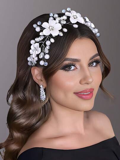 1 buc. Bentiță elegantă pentru femei cu perle artificiale și strasuri, accesoriu de mireasă din rășină florală, accesoriu de păr pentru nuntă, bentiță de Crăciun, accesoriu de iarnă pentru femei