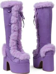 Women's Knee High Side Zipper Warm Faux Fur Platform Chunky Heel Punk Goth Walking Winter Snow Boots - Màu tím - Xem 5