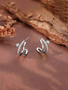 GAGAFEEL 一对925纯银优雅双层闪亮金色立方氧化锆耳钉，女士时尚耳钉，适合日常佩戴、派对配饰，精美礼品