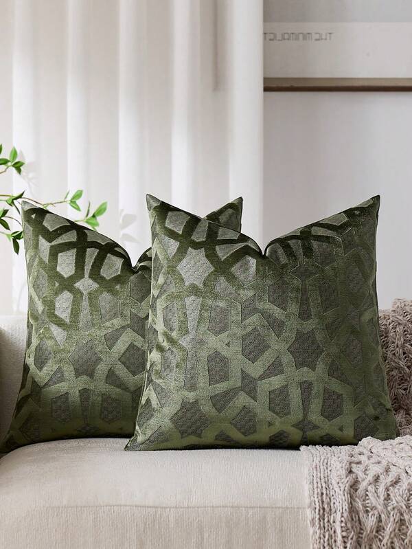 1 pieza Funda de almohada con patrón geométrico verde oliva (sin relleno), tela de terciopelo jacquard moderna y elegante, funda de cojín decorativa con patrón cuadrado 3D, adecuada para sofá, cama, dormitorio, vacaciones, fiestas, decoración de habitaciones, otoño/invierno, regalo, funda de almohada decorativa, para todo el año
