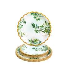 30pcs Green Leaf & Gold Trim Disposable Plates, Napkins And Cups, Party Supplies Suitable For Birthday, Wedding, Party, Family Picnic - Multicolor - View 6