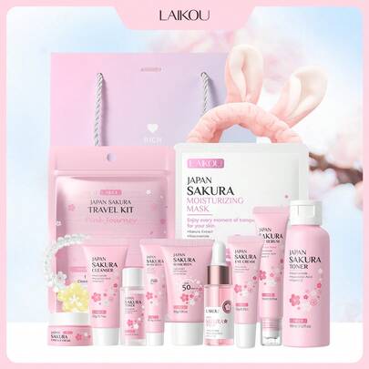 Bộ sản phẩm chăm sóc da dưỡng ẩm hoa anh đào Nhật Bản LAIKOU (Băng đô + Tinh chất hoa anh đào 17ml + Tinh chất mắt hoa anh đào 15ml + Bộ đồ du lịch hoa anh đào 4 món + Kem chống nắng hoa anh đào 30g + Dây buộc tóc hình dây điện thoại + Túi quà tặng kiểu (Ruy băng hồng) + Nước hoa hồng hoa anh đào Nhật Bản 100ml + Kem mắt hoa anh đào 15g + Mặt nạ dưỡng ẩm hoa anh đào 25g) Dành cho phụ nữ, mẹ, vợ, chị gái, thiếu nữ, bạn gái, đồ dùng chăm sóc bản thân khi đi du lịch.
