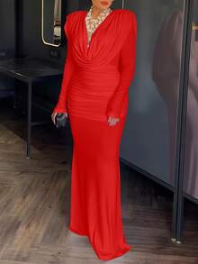 ChicMe 优雅女士褶皱高领长连衣裙，纯色长袖修身露背休闲派对鸡尾酒晚礼服 - 紅色 - 查看 4