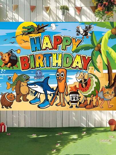 1pc-Italian Brainrot Birthday Party Decorations Set With Happy Birthday Banner, Balloons, Cupcake Toppers, Cartoon Animal Theme (Backdrop Banner)