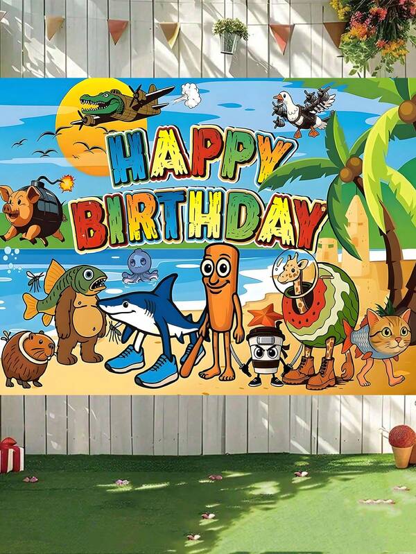 1pc-Italian Brainrot Birthday Party Decorations Set With Happy Birthday Banner, Balloons, Cupcake Toppers, Cartoon Animal Theme (Backdrop Banner)