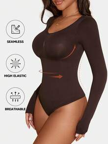 Women's Solid Color Casual Ribbed Long Sleeve Bodysuit