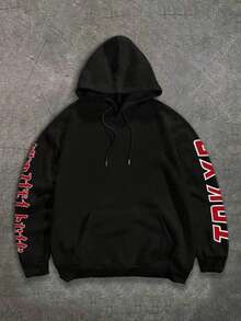 男士黑色连帽衫，带汽车图案和日语标语，东京街头风格，秋冬 - 黑色 - 查看 3