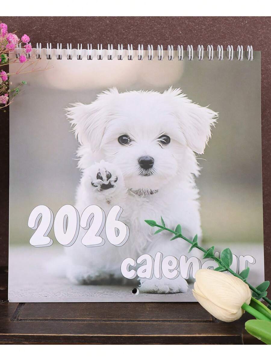 Calendar elegant de birou 2026 - Planificator lunar și zilnic cu ilustrații drăguțe cu câini, organizator portabil pentru acasă și birou, cadou perfect pentru Anul Nou, Halloween, Crăciun, ziua de naștere și alte sărbători