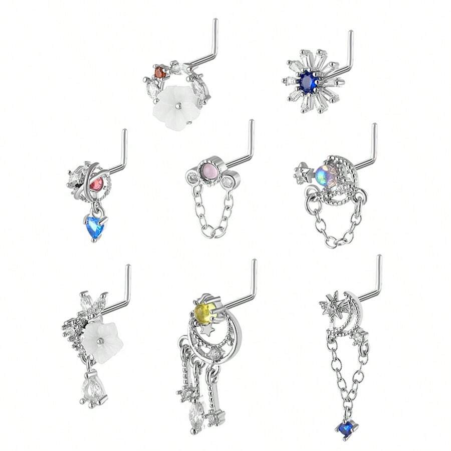 1 pieza Pendiente de nariz de acero inoxidable con diseño floral de cobre y circonita, joyería de perforación corporal de alta gama