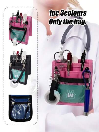 1 pezzo Borsa portaoggetti multifunzionale - Organizer pieghevole in poliestere durevole con più scomparti e cinghia per la spalla fissa, adatto per infermieri, cliniche veterinarie, professionisti - Colori misti (nero, rosa, blu), borse per infermieri per il lavoro, accessori per l'assistenza sanitaria, design pratico, costruzione robusta, accessorio essenziale per la postazione di lavoro, personale della clinica, ottimo regalo per vacanze o compleanni per medici, infermieri, insegnanti, articoli da viaggio, organizer per medicinali per vacanze, borsa di pronto soccorso portatile per l'aperto