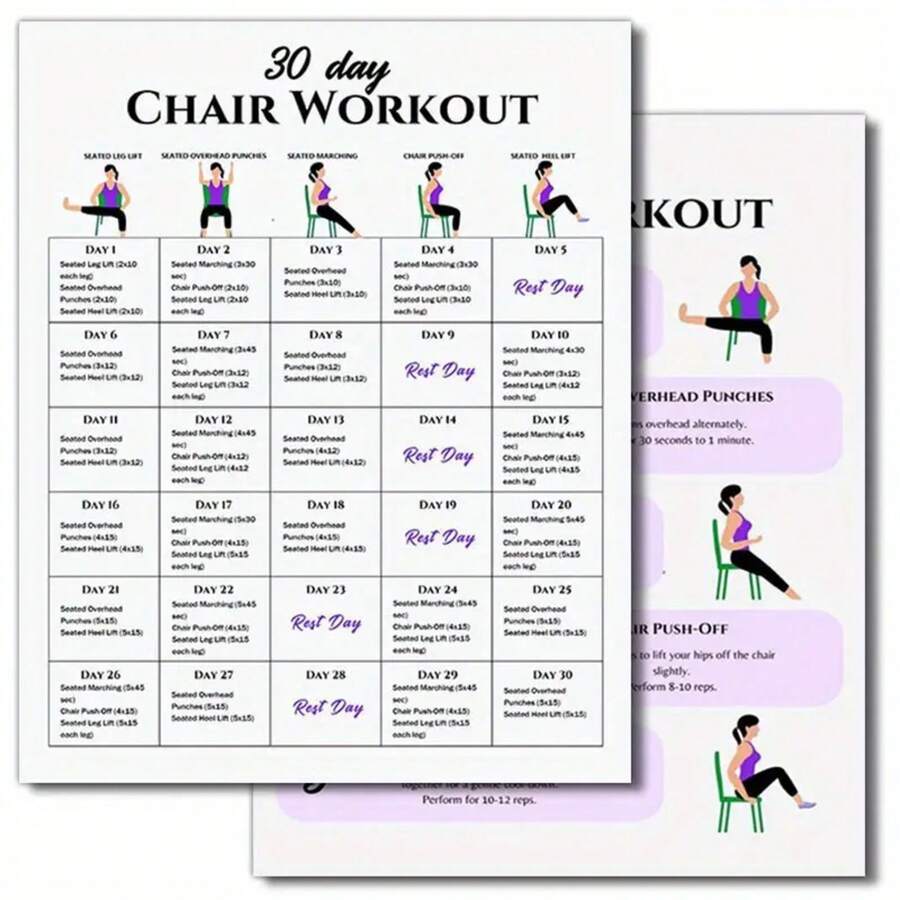 30-Day Chair Exercise Set Poster, Chair Yoga Guide, Full Body Exercise Guide, Chair Exercise Challenge, Summer Body Exercise, Chair Stretching, 2 Pieces, 8x10inch Frameless, 2D