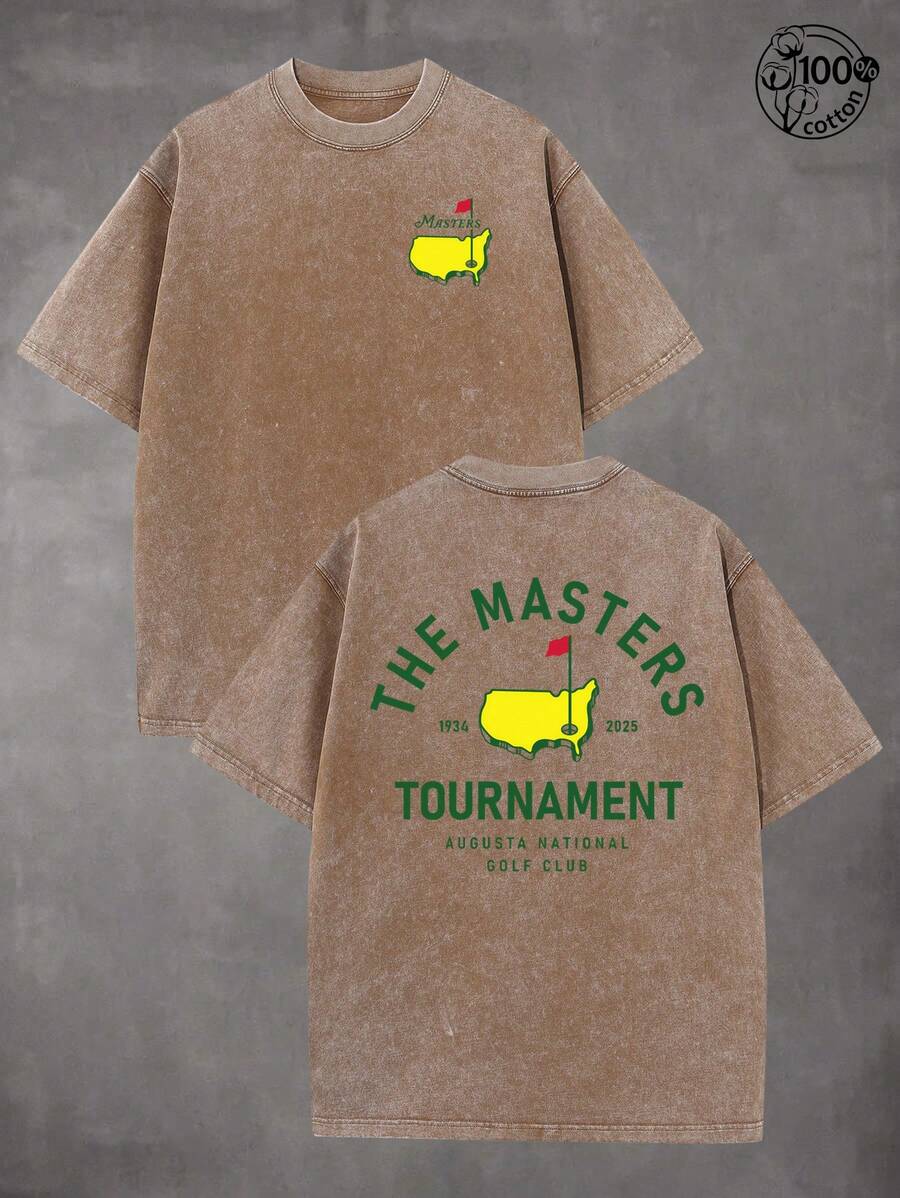 "THE MASTERS" Golf Pattern, Golf Shirt, Men's And Women's T-Shirts, 230G Wash Cotton High-Quality Cotton Printed T-Shirts, Men's Summer Clothing, Comfortable T-Shirt, Suitable For Street Retro And Outdoor Sports And Leisure, Y2K Style Outfit, Ball Sports T-Shirts, Perfect Gifts. - 咖啡棕 - 查看 1