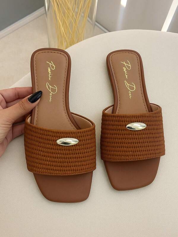 Sandália Rasteira Feminina Juta Bico Quadrado Lançamento Moda Boho Confortável Leve Delicada Cor Caramelo