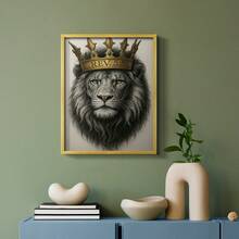 1pc Restickable Framed Lion Of Judah Art Print, Wood Frame, Biblical Inspired Regal Animal Wall Decor With Gold Crown & Scripture Accent, Spiritual Artwork For Living Room, Office, Or Prayer Room, Made In USA, Ready To Hang Art Prints - 金色 - 查看 11
