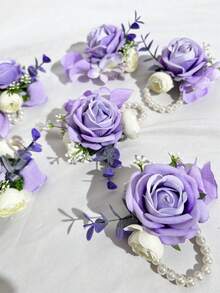 1/6 bông hoa hồng nhân tạo cài cổ tay cô dâu, hoa cài tay cho chị em gái phù dâu, hoa trang trí đám cưới, tiệc tùng, phụ kiện ngày Valentine - Màu tím hoa cà - Xem 7