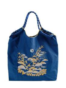 1pc New Fashion Embroidered Crane Pattern Lightweight Nylon Large Capacity Tote Bag, Adjustable Shoulder Strap, Suitable For Party, Travel, Shopping And Beach