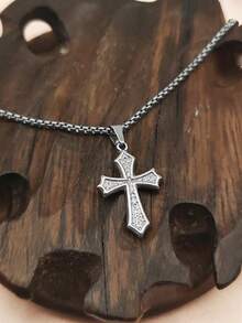 1pc Stainless Steel Catholic Cross & Angel Religious Faith Necklace, Suitable For Halloween, Christmas, Party, Gift For Mom, Friends