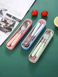 3件套可重复使用不锈钢餐具套装，适合野餐、露营、旅行、居家、办公、学生、节日礼物、学习用品 - 彩色 - 查看 5