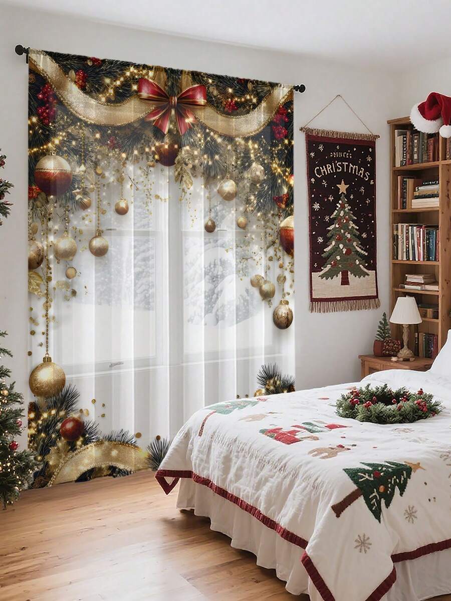 1pc Christmas Ball & Element Pattern Premium Decorative Curtain Rod Pocket Sheer Curtain, All Season Use For Outdoor, Gazebo, Bedroom, Kitchen, Office, Study, Living Room - Semi-Sheer (100g Fabric Weight) Home Decor Christmas Decorations Room Decor Christmas Decorations Home