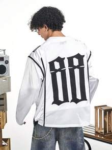 MT99 大号刺绣白色运动衫，V领长袖上衣 - 白色 - 查看 3