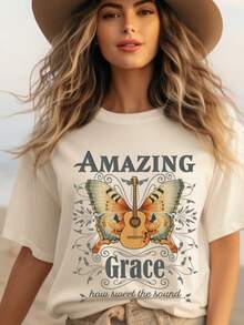 Amazing Grace How Sweet The Sound | Faith, Floral, Christian, Music, Song,100% Cotton Womens Oversized Printed Graphic T-Shirts Casual Round Neck Short Sleeve Tee 1pcs Fashion Shirt - 白色011 - 查看 1