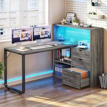 Modern 55 Inch L Shaped Desk Office Desk With 3 Drawers & Power Outlets, LED Corner Gaming Computer Table With Adjustable Shelf, For Office, Study Room - Xám - Xem 1