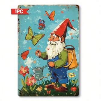 Room Decor 1pc Of 2D Vintage Garden Gnome Metal Sign, 8X12 Inches, Home Decor Sign Suitable For Yard, Balcony, Study, Spring And Summer Holiday Decorations, Garden Parties, Spring Celebrations, And Easter.