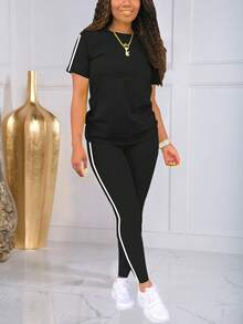 两件套 时尚条纹圆领短袖运动上衣和裤子套装 黑色 夏季 - 黑色 - 查看 2