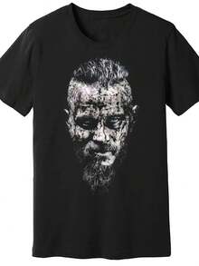 Men's Viking Ragnar Lothbrok Graphic T-Shirt- Black Short Sleeve Casual T-Shirt With Realistic Bearded Face And Blue Eyes Print, Oktoberfest And Renaissance Festival Clothing, All Seasons Clothing| Crew Neck Shirt| Stretch Fabric - Black - View 2
