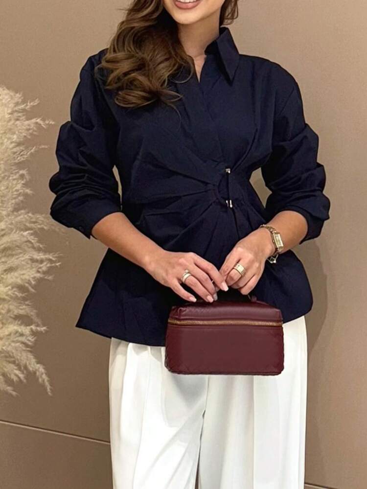 Women's Elegant Waist Design Long Sleeve Commuter Shirt, Solid Color Woven Fabric, Suitable For Office And Daily Wear, Spring/Summer - Navy Blue - View 4
