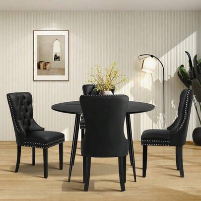 SUN YEE Dining Table Set Of 5, 110cm Round Kitchen Table With Metal Legs, 4PCS PU Leather Dining Chairs With Rattan Back, Kitchen Furniture Set For Home Breakfast, Black
