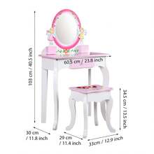 Children's Vanity Table Set | Kids Princess Dressing Table With Mirror And Stool | High Quality Wooden Dresser Table Set For Girls Makeup | Vanity Table With Mirror And Stool, Fashion Makeup Vanity Set With Drawer - Pink+White - View 3