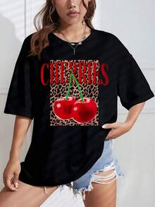 Black Leopard Print Cherries Graphic T Shirt,Women's Printed Round Neck Short-Sleeve T-Shirt - Casual, Versatile & Fashionable Daily Top - 黑色 - 查看 1