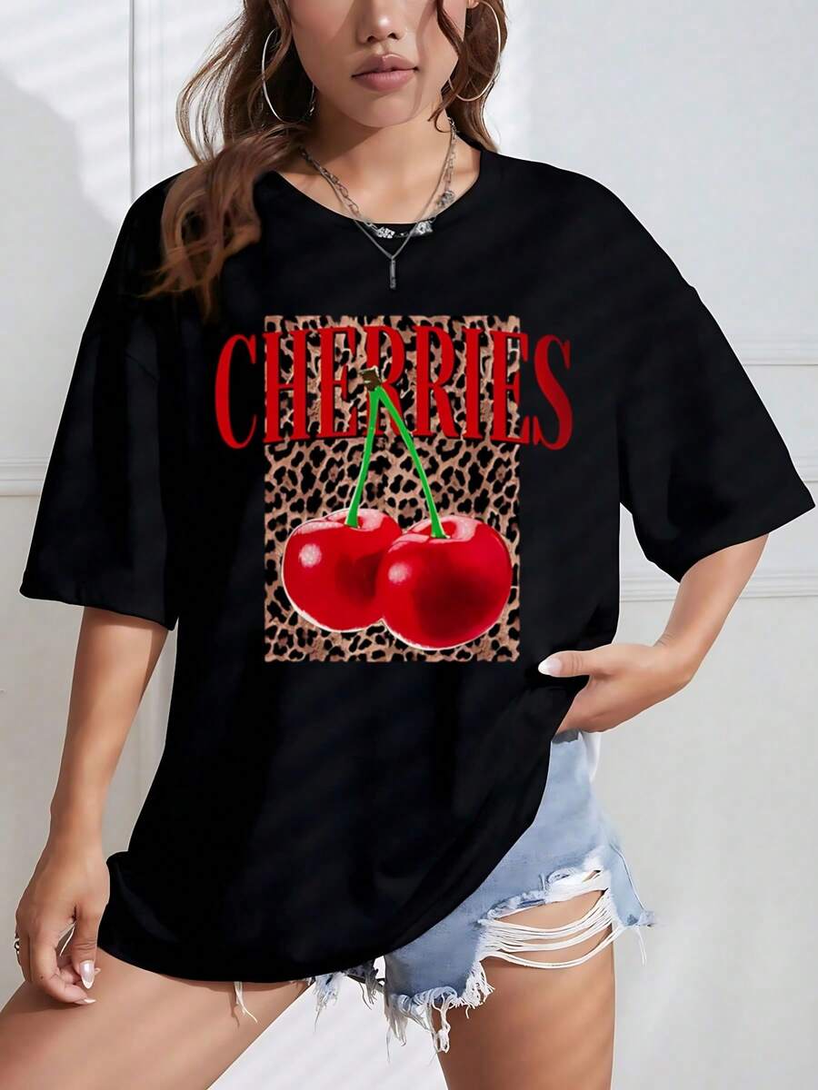 Black Leopard Print Cherries Graphic T Shirt,Women's Printed Round Neck Short-Sleeve T-Shirt - Casual, Versatile & Fashionable Daily Top - 黑色 - 查看 1